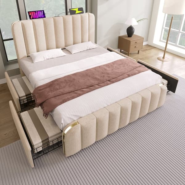 Säng med lådor 140 x 200 cm i linnetyg - med USB- och typ C-laddning - dekorerad med gyllene ränder - Beige