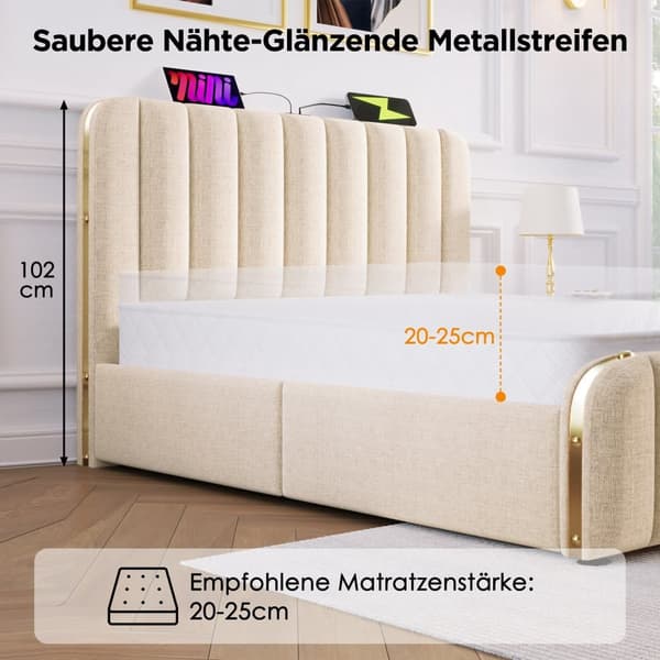 Säng med lådor 140 x 200 cm i linnetyg - med USB- och typ C-laddning - dekorerad med gyllene ränder - Beige
