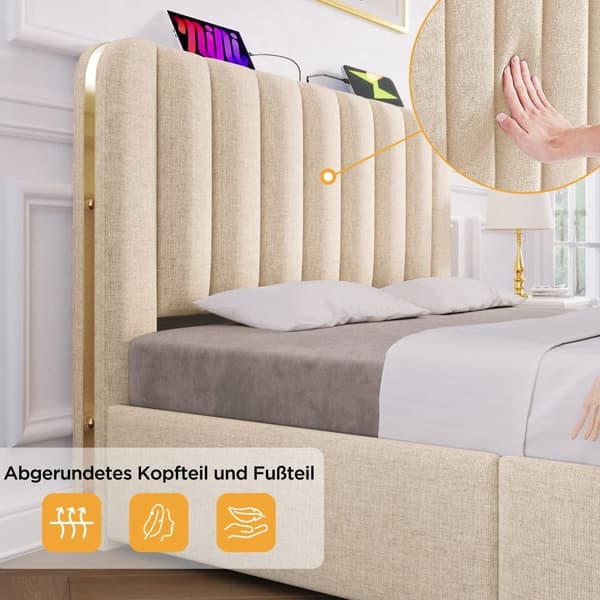 Sänky laatikoilla 160 x 200 cm pellavakangasta - USB- ja C-tyypin latauksella - koristeltu kultaisilla raidoilla - beige