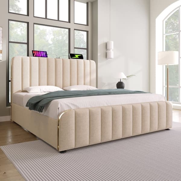Säng med lådor 180 x 200 cm i linnetyg - med USB- och typ C-laddning - dekorerad med gyllene ränder - Beige