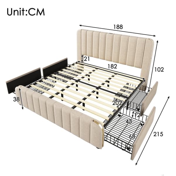 Säng med lådor 180 x 200 cm i linnetyg - med USB- och typ C-laddning - dekorerad med gyllene ränder - Beige