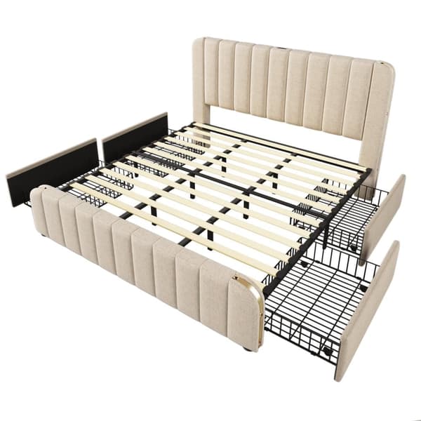 Säng med lådor 180 x 200 cm i linnetyg - med USB- och typ C-laddning - dekorerad med gyllene ränder - Beige