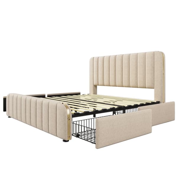 Säng med lådor 180 x 200 cm i linnetyg - med USB- och typ C-laddning - dekorerad med gyllene ränder - Beige