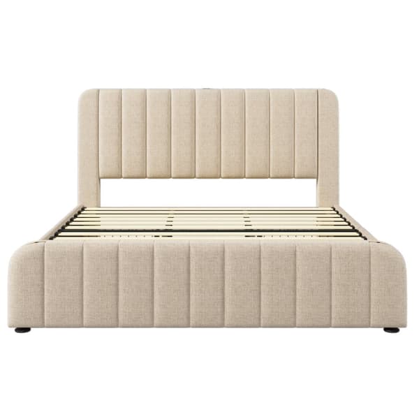 Säng med lådor 180 x 200 cm i linnetyg - med USB- och typ C-laddning - dekorerad med gyllene ränder - Beige