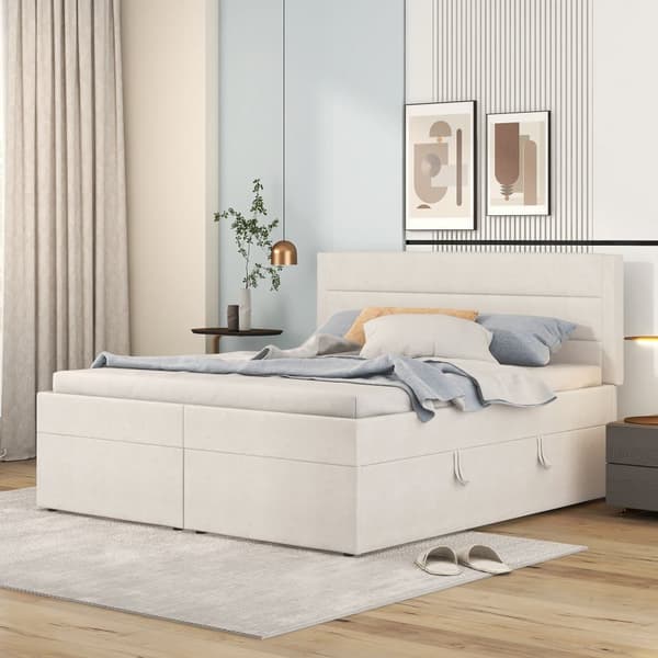Säng med sängbotten med spjälskydd - 140 x 200 cm - Linne - Beige