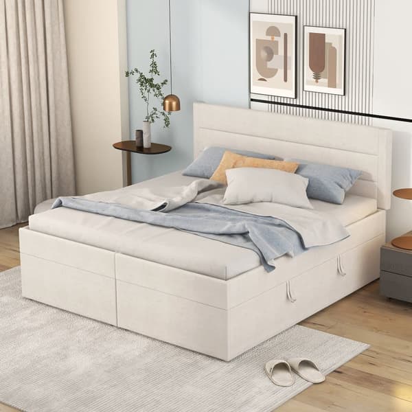 Säng med sängbotten med spjälskydd - 140 x 200 cm - Linne - Beige