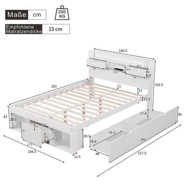 EU53210567AAK Voksenseng af MDF 180 x 200 cm - med skuffetilslutning og multifunktionel opbevaringsplads - hvid