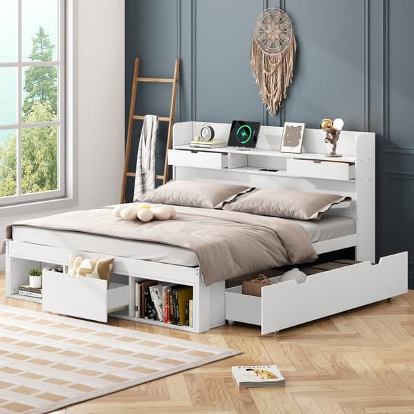 EU53210567AAK Voksenseng af MDF 180 x 200 cm - med skuffetilslutning og multifunktionel opbevaringsplads - hvid