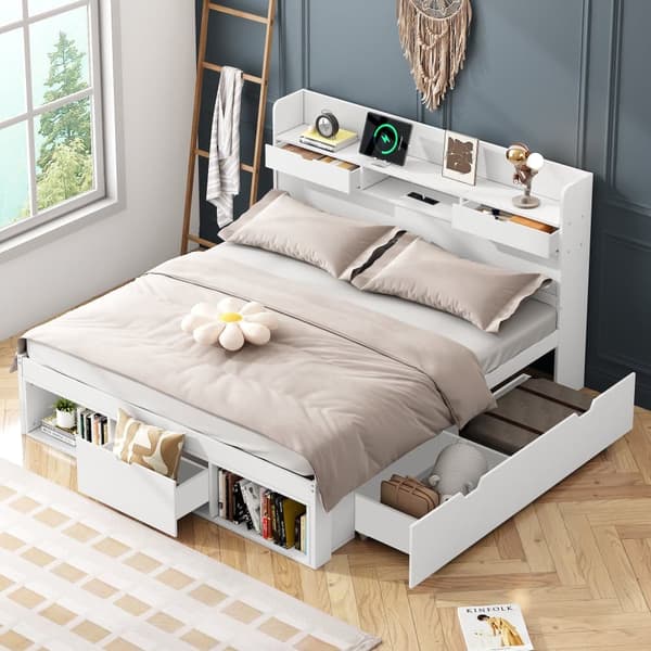 EU53210567AAK Voksenseng af MDF 180 x 200 cm - med skuffetilslutning og multifunktionel opbevaringsplads - hvid