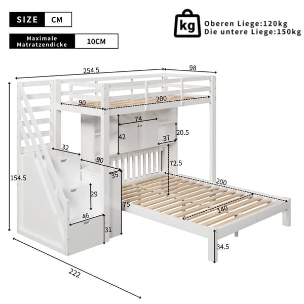 Kerrossänky lapsille 90 x 200 cm + 140 x 200 cm - säilytysportailla ja irrotettavalla työpöydällä - massiivipuuta ja MDF-levyä - valkoinen