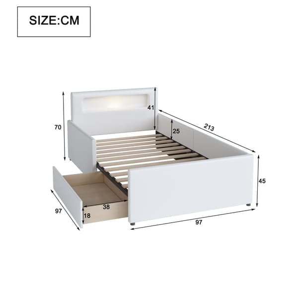 Børneseng med skuffe 90x200cm - med LED & USB-forbindelse - lavet af kunstlæder - hvid