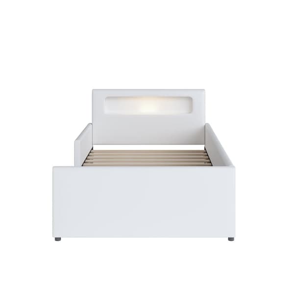Børneseng med skuffe 90x200cm - med LED & USB-forbindelse - lavet af kunstlæder - hvid