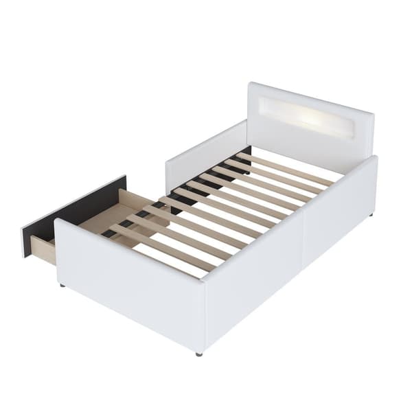 Børneseng med skuffe 90x200cm - med LED & USB-forbindelse - lavet af kunstlæder - hvid