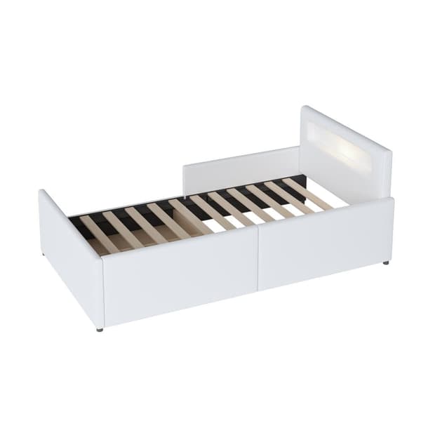Børneseng med skuffe 90x200cm - med LED & USB-forbindelse - lavet af kunstlæder - hvid