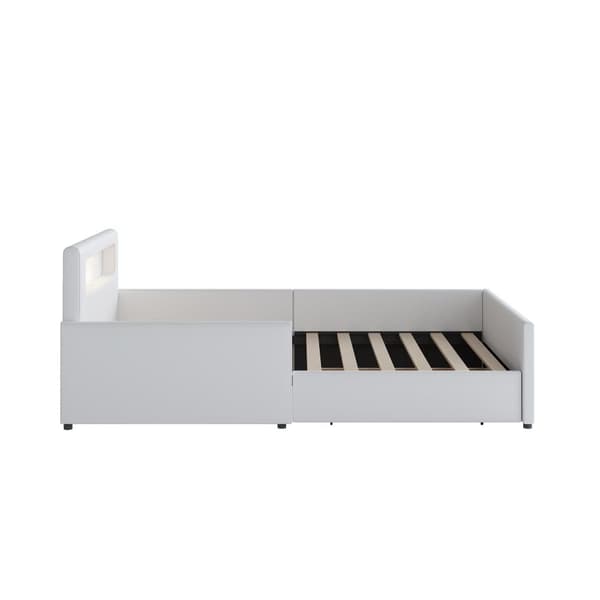 Børneseng med skuffe 90x200cm - med LED & USB-forbindelse - lavet af kunstlæder - hvid