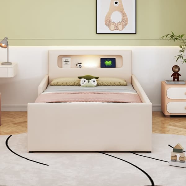 Barnsäng med låda 90x200cm - med LED & USB-anslutning - tillverkad av läderimitation - Beige