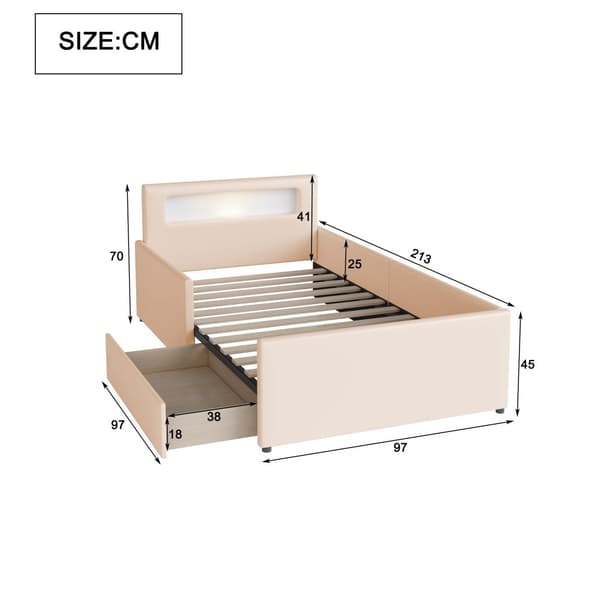 Barnsäng med låda 90x200cm - med LED & USB-anslutning - tillverkad av läderimitation - Beige
