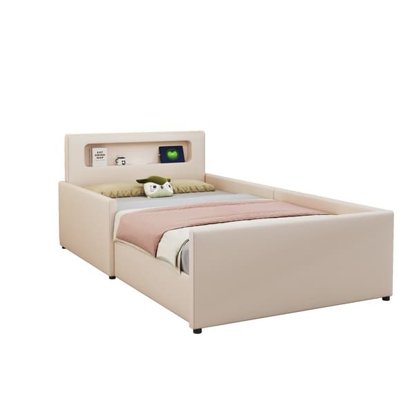 Barnsäng med låda 90x200cm - med LED & USB-anslutning - tillverkad av läderimitation - Beige