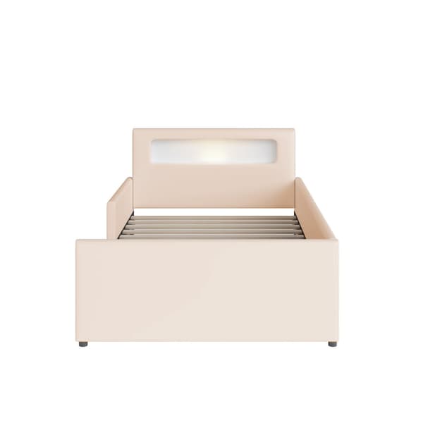 Barnsäng med låda 90x200cm - med LED & USB-anslutning - tillverkad av läderimitation - Beige