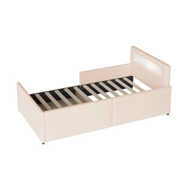 Barnsäng med låda 90x200cm - med LED & USB-anslutning - tillverkad av läderimitation - Beige