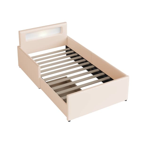 Barnsäng med låda 90x200cm - med LED & USB-anslutning - tillverkad av läderimitation - Beige