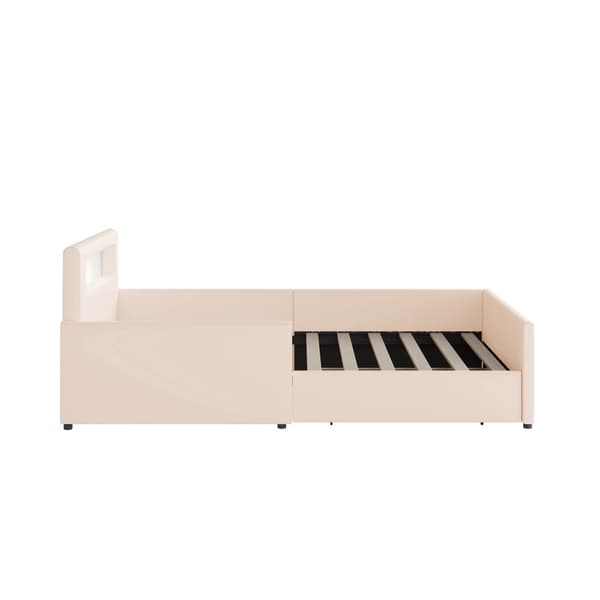 Barnsäng med låda 90x200cm - med LED & USB-anslutning - tillverkad av läderimitation - Beige