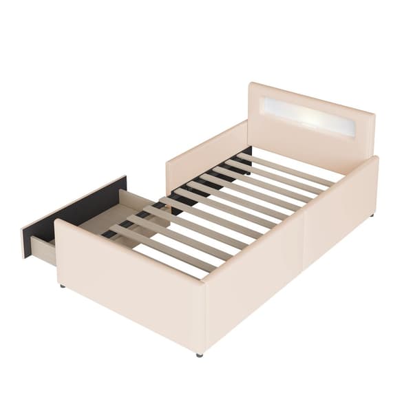 Barnsäng med låda 90x200cm - med LED & USB-anslutning - tillverkad av läderimitation - Beige