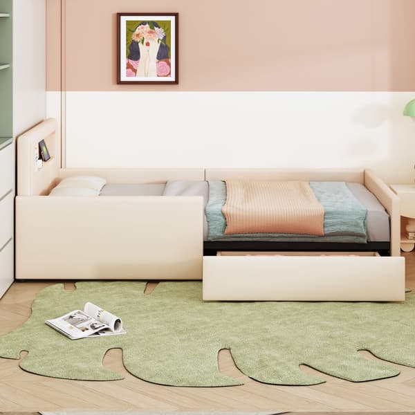 Barnsäng med låda 90x200cm - med LED & USB-anslutning - tillverkad av läderimitation - Beige