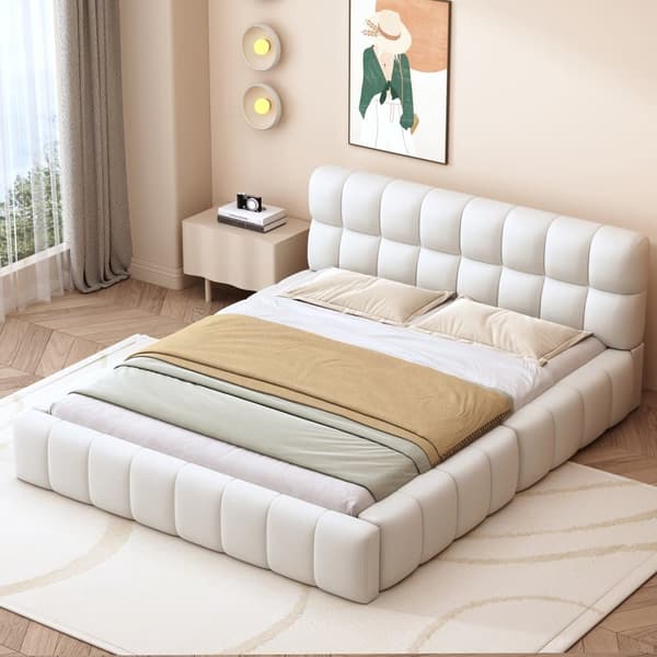 Pehmustettu parivuode 140x200cm pellavakangasta - paksu selkänoja ja sälekehys - beige