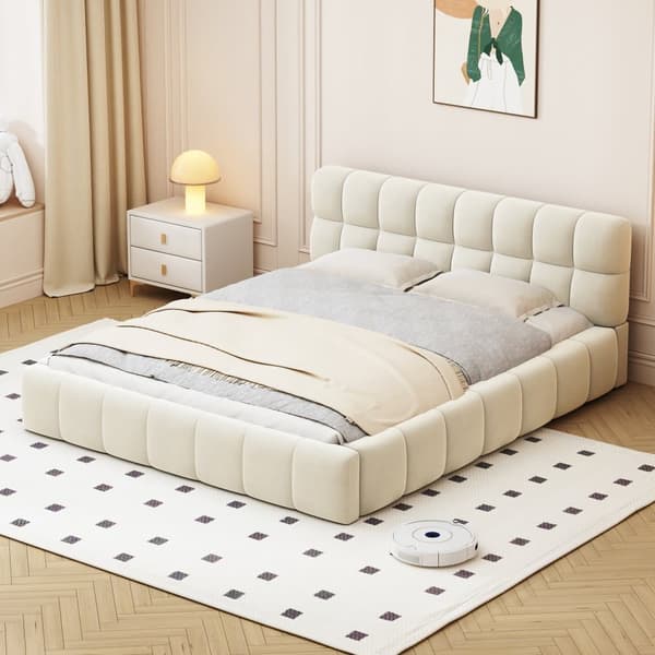 Pehmustettu parivuode 140x190cm pellavakangasta - paksu selkänoja ja sälerunko - beige