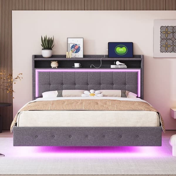 140 x 200 cm polstret seng i hørstof - med USB og LED stik - grå
