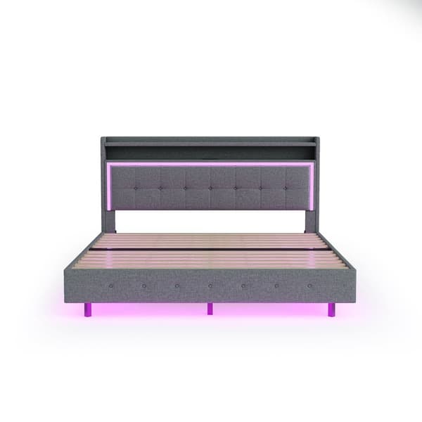 140 x 200 cm polstret seng i hørstof - med USB og LED stik - grå