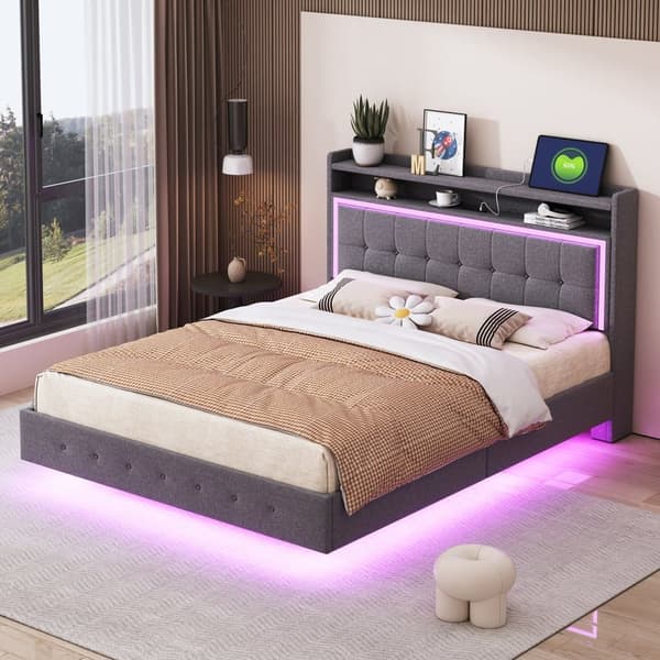 140 x 200 cm polstret seng i hørstof - med USB og LED stik - grå