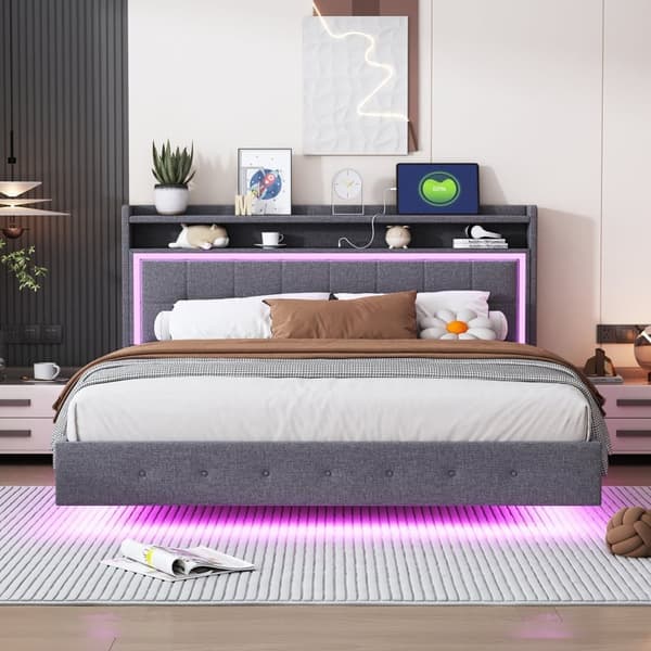 160 x 200 cm pehmustettu sänky pellavakankaasta - USB- ja LED-liitännöillä - harmaa