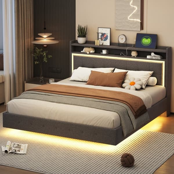 160 x 200 cm pehmustettu sänky pellavakankaasta - USB- ja LED-liitännöillä - harmaa
