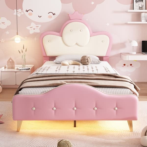 Børneseng 90x200cm i imiteret læder - med LED - Pink & Hvid