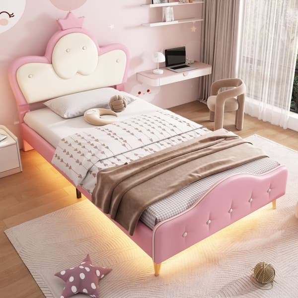 Barnsäng 90x200cm i läderimitation - med LED - Rosa & Vit