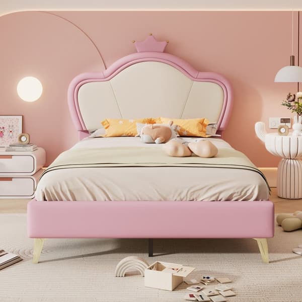 Børneseng 90 x 200 cm i imiteret læder - unikt design - pink og hvid