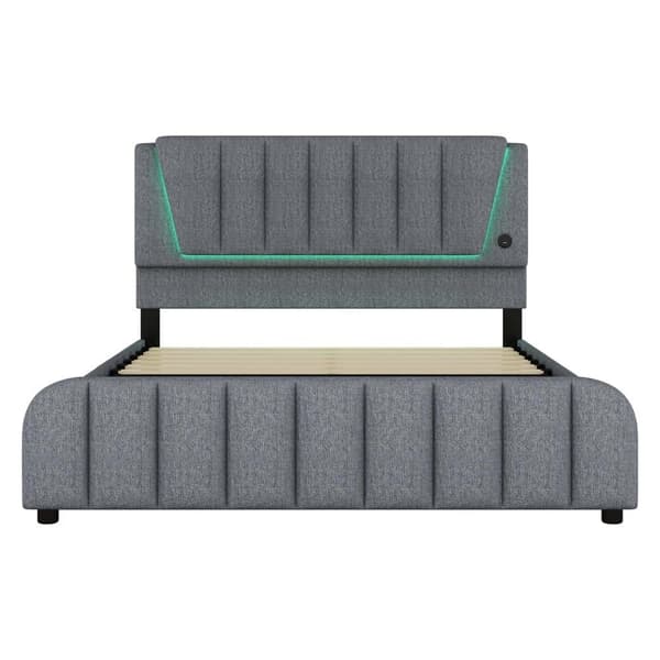 Aikuisten sänky 160 x 200 cm, 4 laatikkoa - pellavakangas - USB-liitännällä ja pinnasängyn rungolla - harmaa