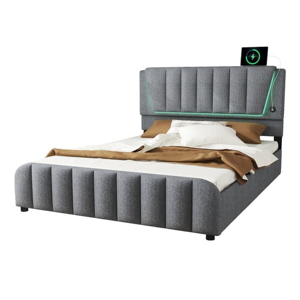 Aikuisten sänky 160 x 200 cm, 4 laatikkoa - pellavakangas - USB-liitännällä ja pinnasängyn rungolla - harmaa