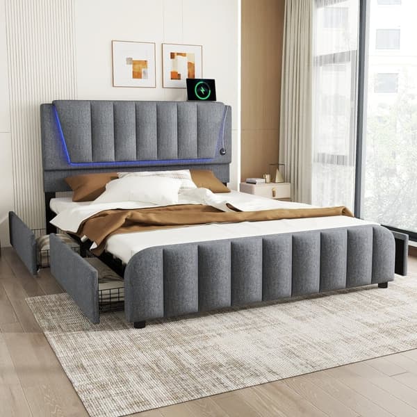 Aikuisten sänky 160 x 200 cm, 4 laatikkoa - pellavakangas - USB-liitännällä ja pinnasängyn rungolla - harmaa