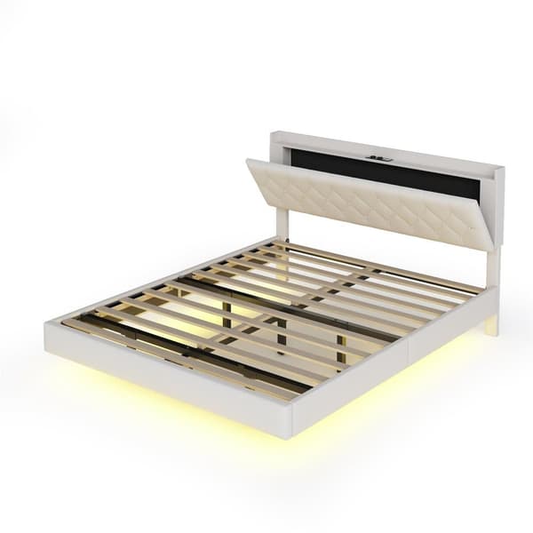 140 x 200 cm polstret linned seng - med USB og LED opladningstilslutning - med lamelramme - Beige