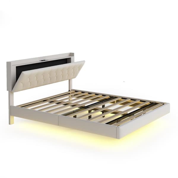 140 x 200 cm polstret linned seng - med USB og LED opladningstilslutning - med lamelramme - Beige