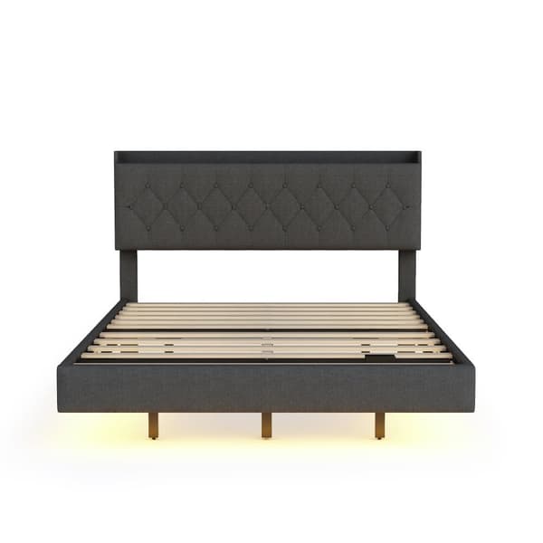 140 x 200 cm polstret linnedseng - med USB og LED opladningstilslutning - med lamelramme - grå