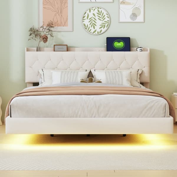 160 x 200 cm polstret linned seng - med USB og LED opladningstilslutning - med lamelramme - Beige