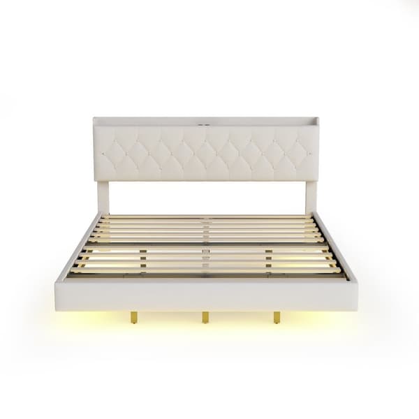 160 x 200 cm polstret linned seng - med USB og LED opladningstilslutning - med lamelramme - Beige