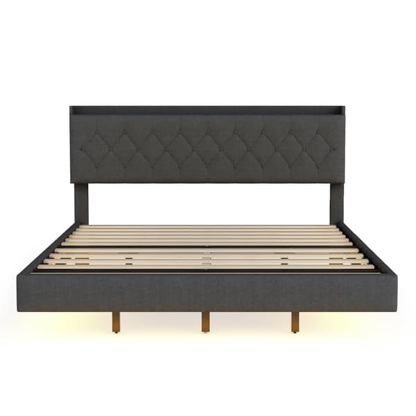 160 x 200 cm polstret linned seng - med USB og LED opladningstilslutning - med lamelramme - grå