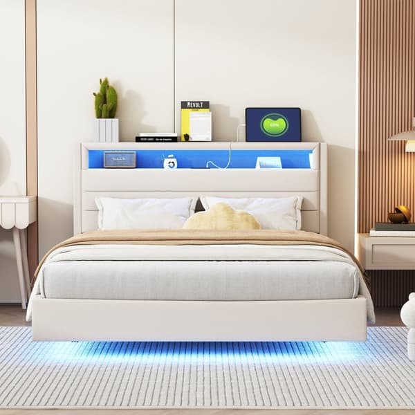 140 x 200 cm pehmustettu sänky pellavakankaasta - USB- ja LED-liitännät - käännettävä sängynpääty - beige
