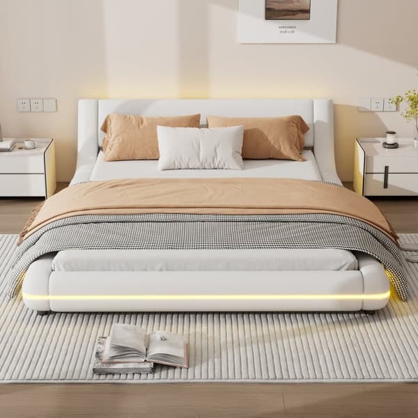 Vuxensäng 140x200cm med LED - PU-läder - vit