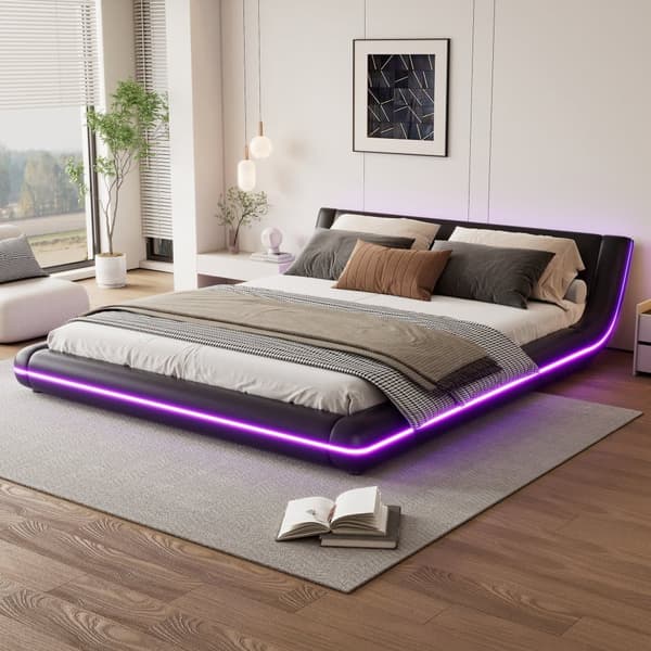 Voksen seng 160x200cm med LED - PU Læder - Sort